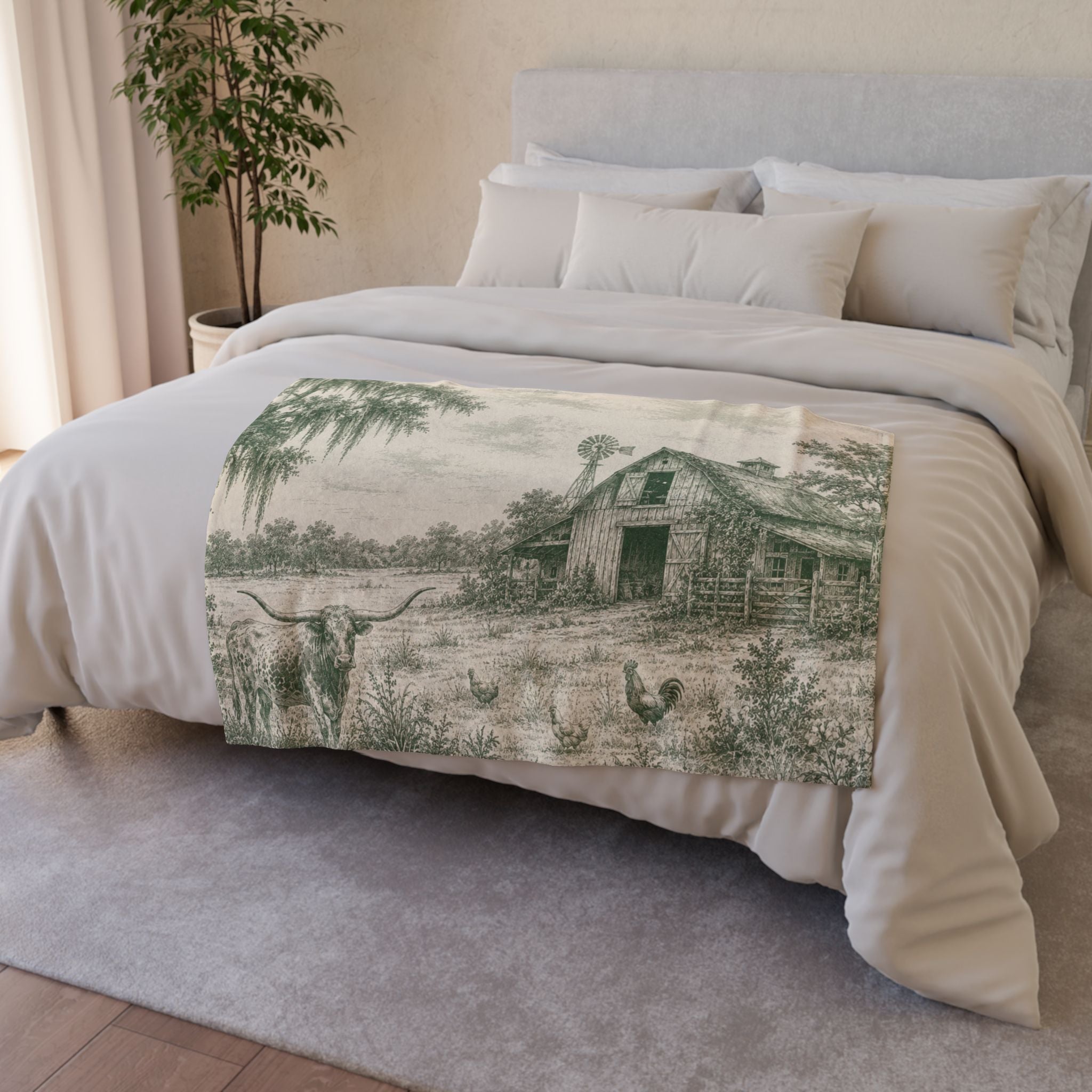 Country Farmhouse Throw Blanket — Vintage Barn, Windmill & Longhorn Scene