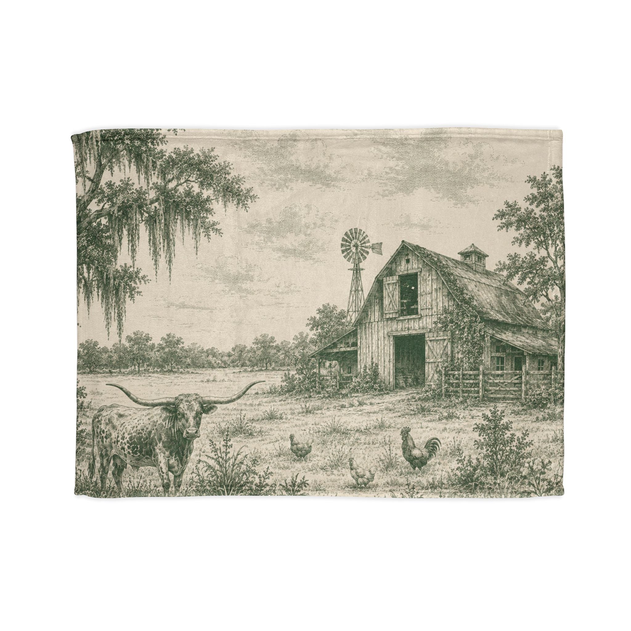 Country Farmhouse Throw Blanket — Vintage Barn, Windmill & Longhorn Scene