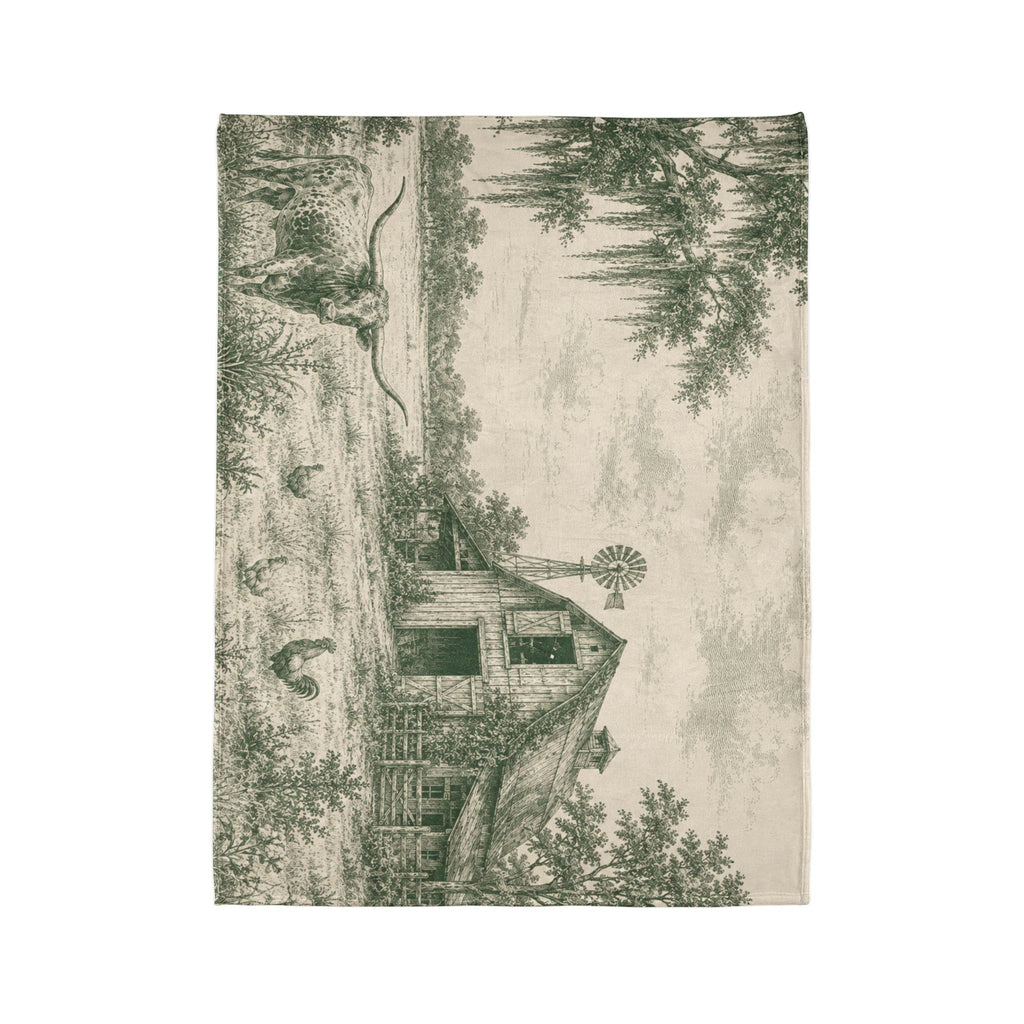 Country Farmhouse Throw Blanket — Vintage Barn, Windmill & Longhorn Scene