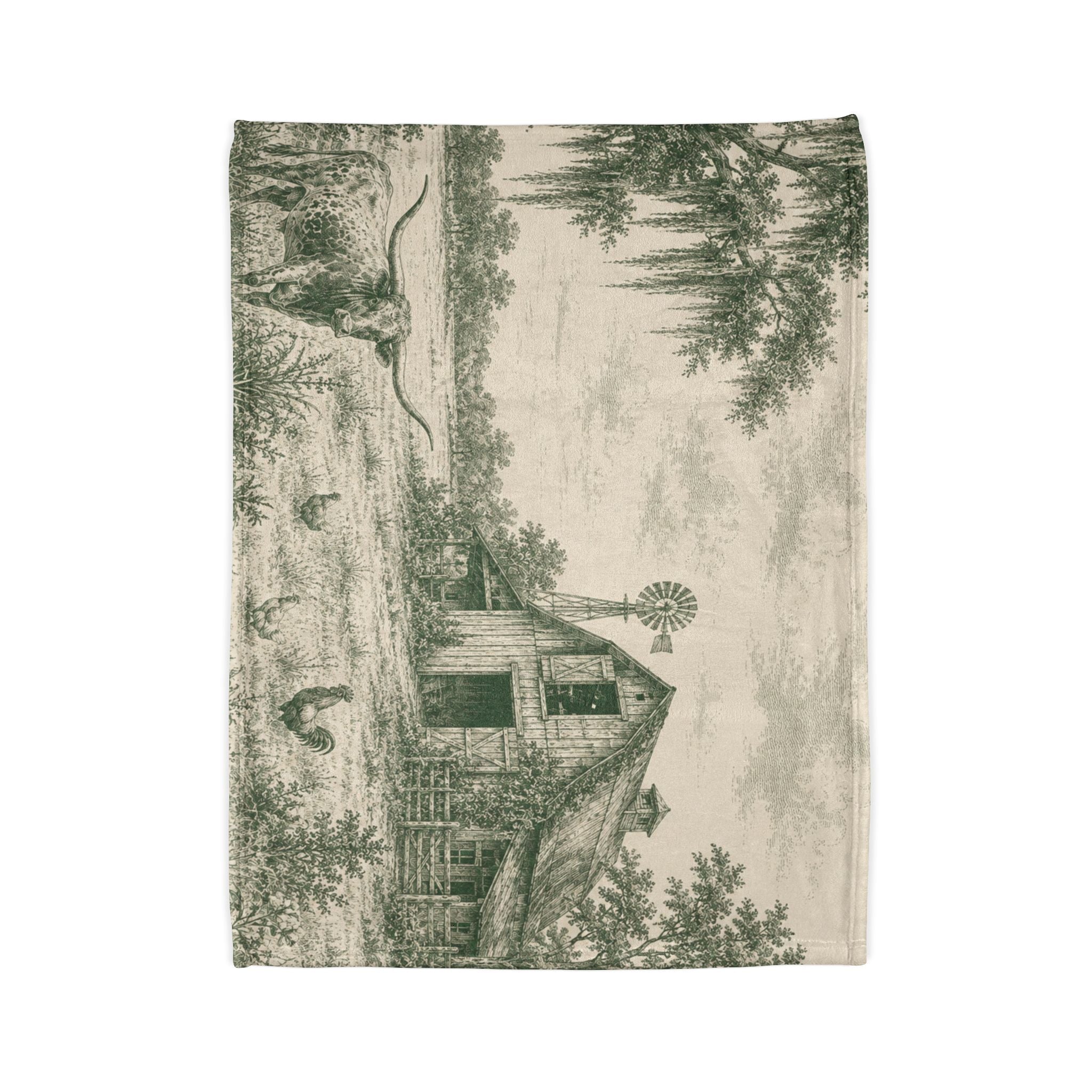 Country Farmhouse Throw Blanket — Vintage Barn, Windmill & Longhorn Scene