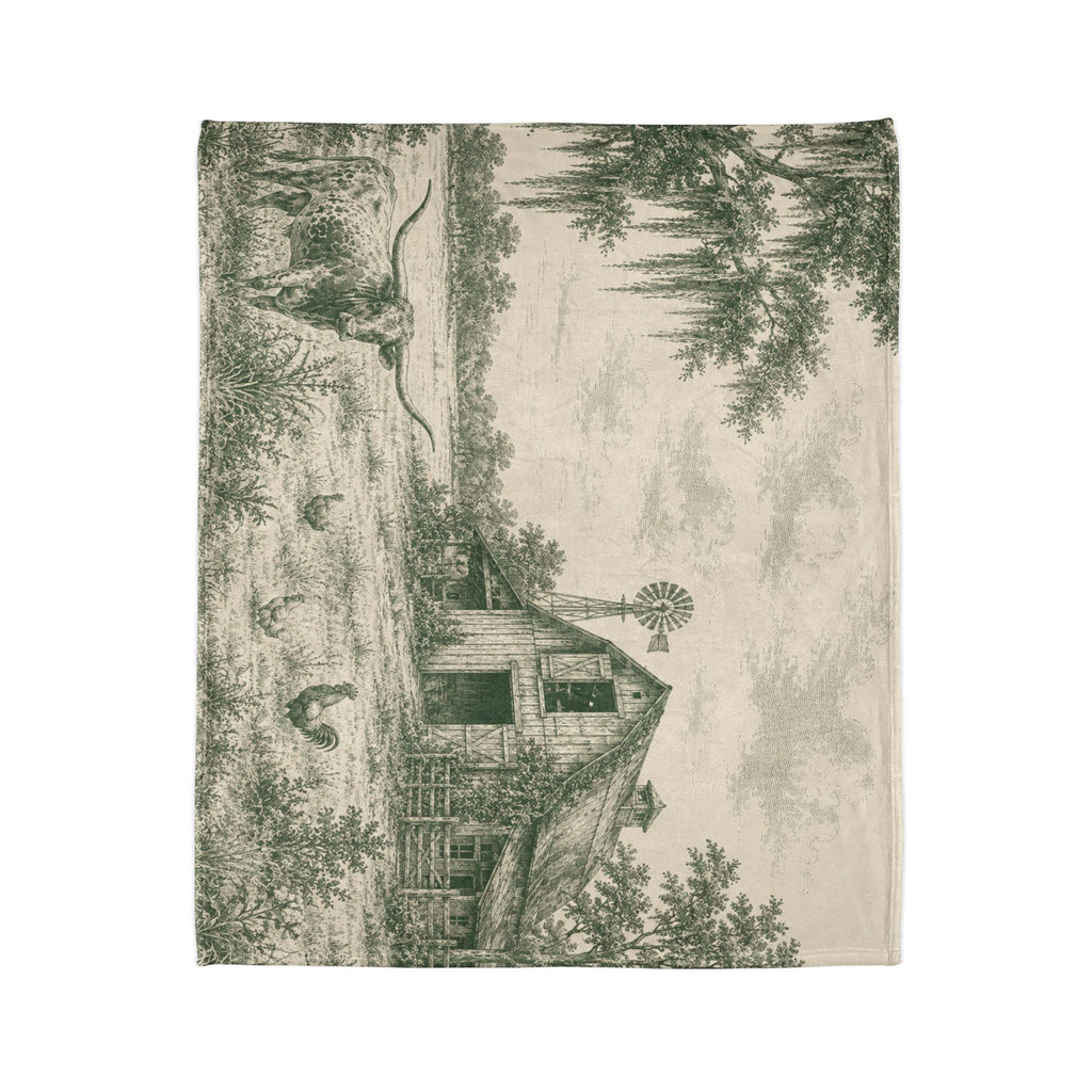 Country Farmhouse Throw Blanket — Vintage Barn, Windmill & Longhorn Scene