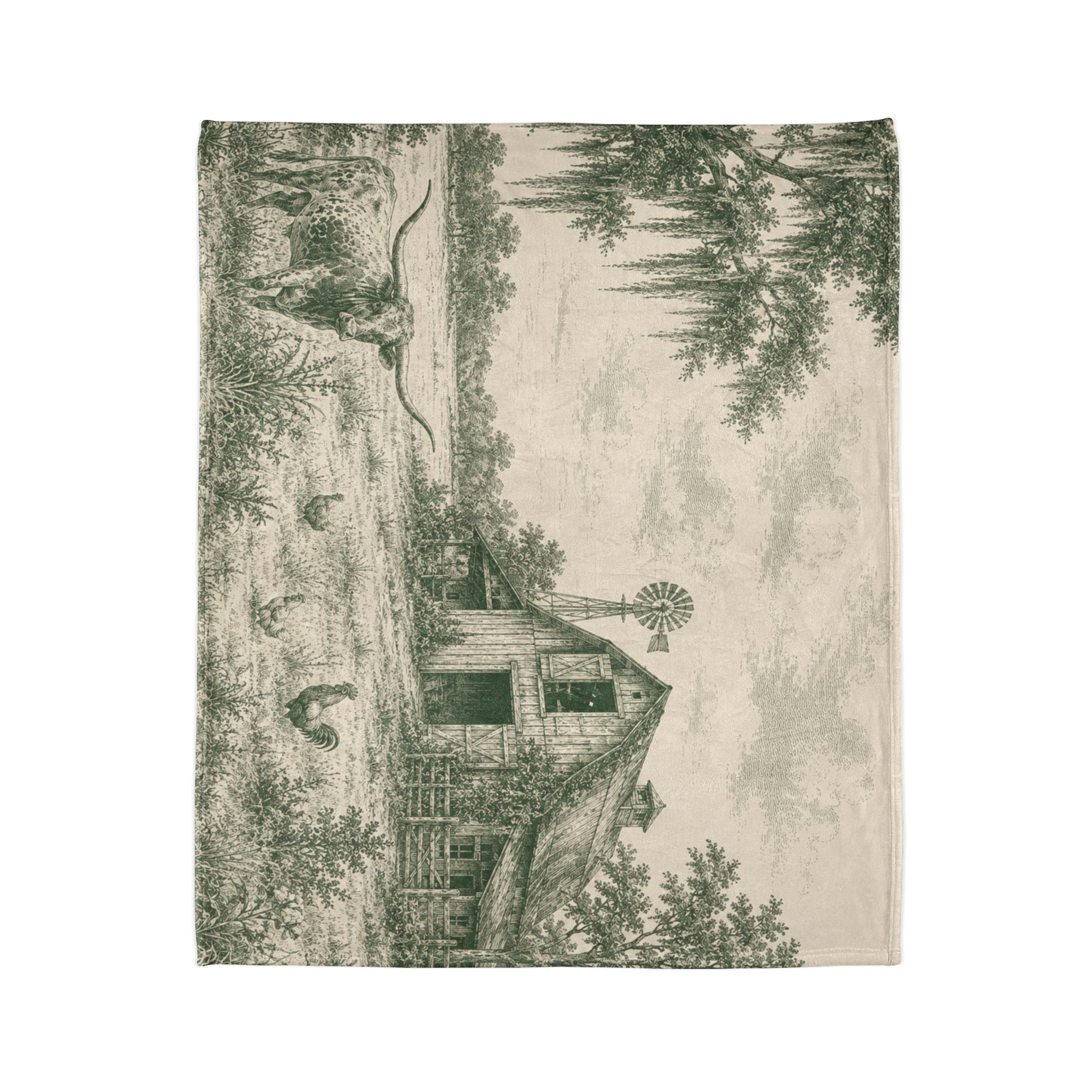 Country Farmhouse Throw Blanket — Vintage Barn, Windmill & Longhorn Scene
