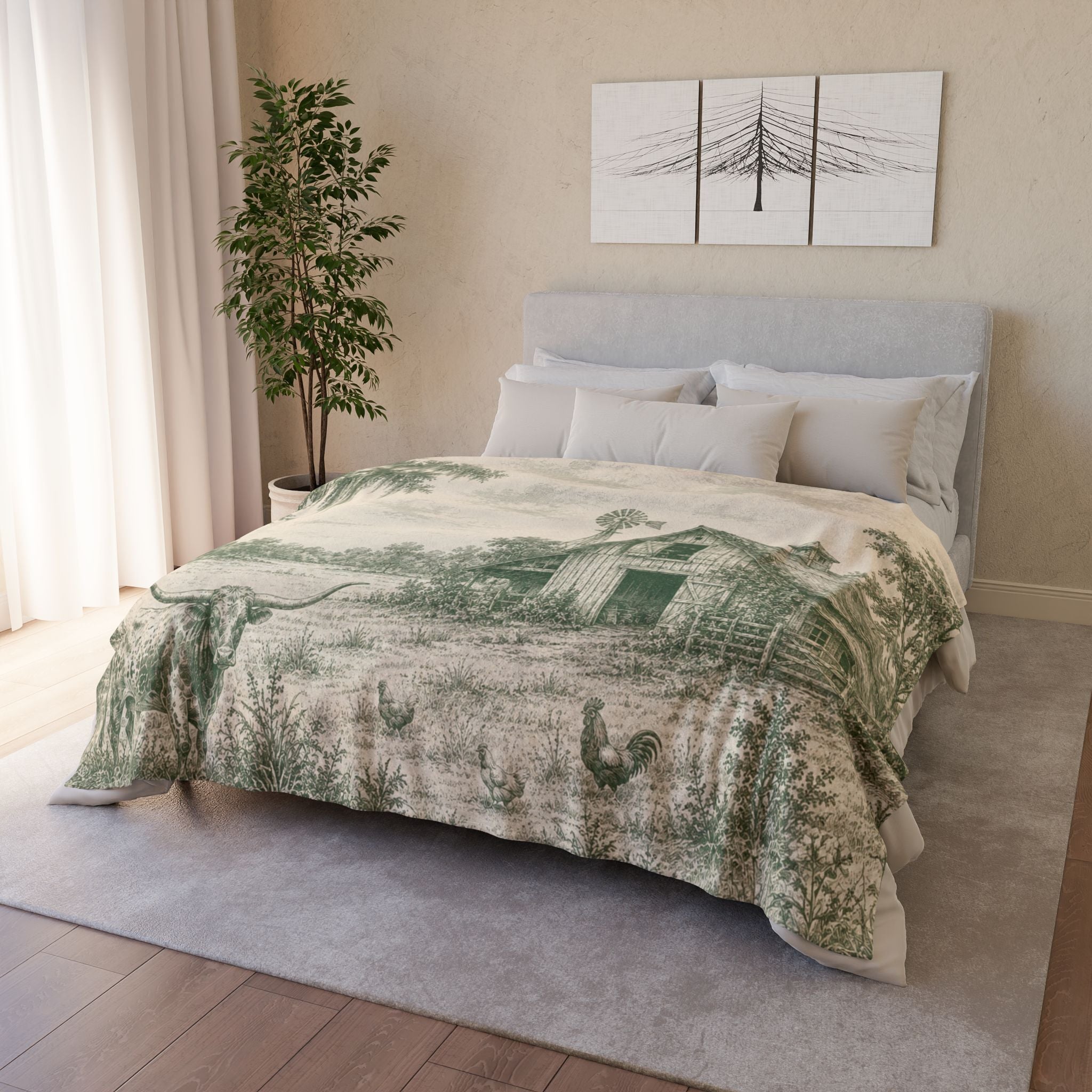Country Farmhouse Throw Blanket — Vintage Barn, Windmill & Longhorn Scene