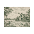 Country Farmhouse Throw Blanket — Vintage Barn, Windmill & Longhorn Scene