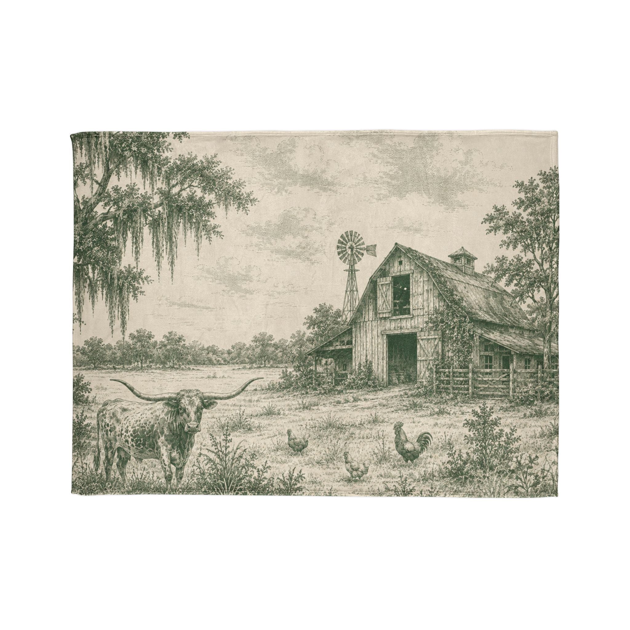 Country Farmhouse Throw Blanket — Vintage Barn, Windmill & Longhorn Scene