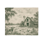Country Farmhouse Throw Blanket — Vintage Barn, Windmill & Longhorn Scene
