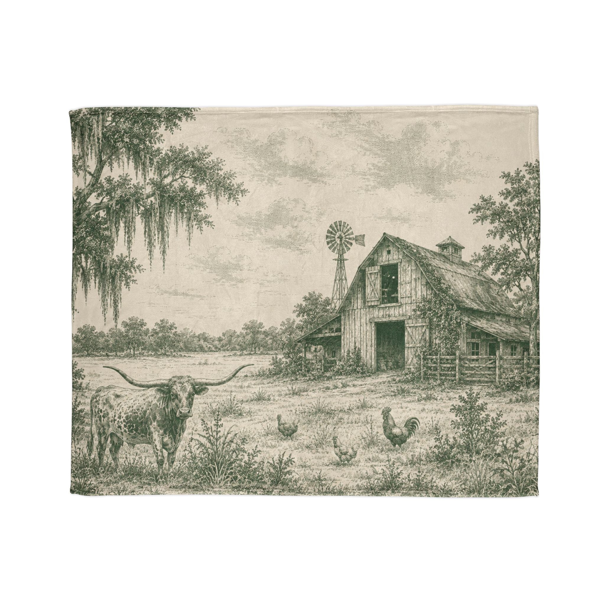 Country Farmhouse Throw Blanket — Vintage Barn, Windmill & Longhorn Scene