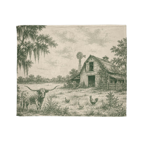 Country Farmhouse Throw Blanket — Vintage Barn, Windmill & Longhorn Scene